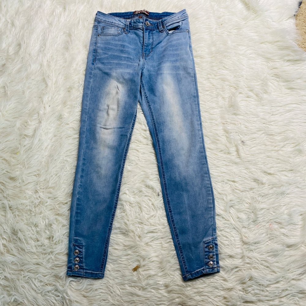 Hudson Womens Skinny Denim Mid Rise Worn Blue Silver Button Hem Jean Size 27